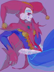 Rule 34 | 1girl, chrono (series), chrono cross, facepaint, gloves, hat, jester, jester cap, lipstick, looking at viewer, makeup, pants, red eyes, see-through, simple background, sitting, smile, solo, harle (chrono cross)