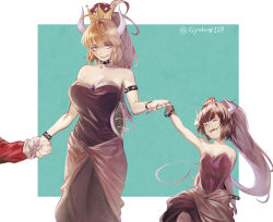 Rule 34 | 1boy, 2girls, absurdres, armlet, bare shoulders, black dress, blonde hair, bowser jr., bowsette, bracelet, breasts, brown eyes, cleavage, collar, crown, dress, closed eyes, gender request, genderswap, gloves, gyudong123, highres, holding hands, horns, humanization, jewelry, large breasts, long hair, looking at viewer, male hand, mario, mario (series), mother and daughter, multiple girls, new super mario bros. u deluxe, nintendo, open mouth, parted lips, ponytail, sharp teeth, shell, simple background, small breasts, smile, spiked armlet, spiked bracelet, spiked collar, spikes, standing, studded bracelet, super crown, teeth, twitter username, white gloves