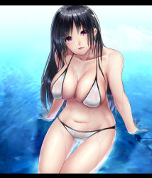 Rule 34 | 1girl, arm support, big.g, bikini, black hair, breasts, cleavage, collarbone, highres, large breasts, letterboxed, long hair, navel, original, partially submerged, purple eyes, smile, solo, swimsuit, water, wet, white bikini