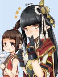 Rule 34 | 2girls, :t, akino shuu, arm guards, black gloves, black hair, blue background, blush, brown eyes, brown hair, capcom, character request, closed mouth, commentary request, dango, eating, flying sweatdrops, food, gloves, hair ornament, hand to own mouth, hinoa, holding, holding food, long hair, monster hunter (series), monster hunter rise, multiple girls, partially fingerless gloves, pointy ears, red vest, simple background, twitter username, upper body, vest, wagashi