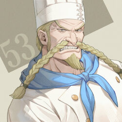 Rule 34 | 1boy, ascot, black eyes, blonde hair, blue ascot, braid, braided mustache, chef, chef hat, commentary, commentary request, english commentary, facial hair, goatee, hat, long mustache, male focus, mixed-language commentary, mustache, one piece, red-leg zeff, short hair, solo, teeth, uniform, yoshicha