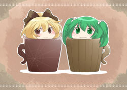 Rule 34 | 2girls, blonde hair, blush, brown eyes, chibi, cup, female focus, green eyes, green hair, hammer (sunset beach), in container, in cup, kisume, kurodani yamame, looking at viewer, multiple girls, outline, smile, spider web print, sweatdrop, touhou, twintails