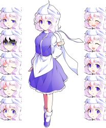 Rule 34 | 1girl, :o, ^ ^, ^o^, angry, apron, blue dress, blush, bobby socks, closed eyes, closed mouth, crying, dairi, dress, expressions, eyebrows, facial expressions, frilled dress, frills, full body, gloom (expression), happy, hat, letty whiterock, long sleeves, multiple views, parted lips, pink hair, purple eyes, purple footwear, sad, shaded face, shoes, short hair, simple background, smile, socks, standing, surprised, tachi-e, tareme, teardrop, tears, touhou, triangular headpiece, variations, waist apron, white apron, white background, white hat, white legwear