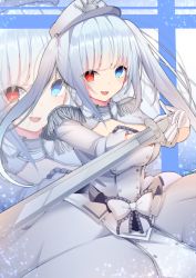 Rule 34 | 1girl, absurdres, blue eyes, breasts, commentary request, date a live, date a live: date a bullet, dress, epaulettes, gloves, hat, heterochromia, highres, holding, holding sword, holding weapon, jam (jamjam777), large breasts, long hair, looking at viewer, military hat, open mouth, red eyes, silver gloves, silver hair, smile, solo, sword, twintails, weapon, white queen (date a live), zoom layer