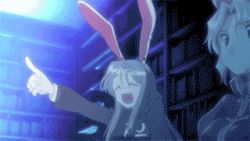 Rule 34 | 2girls, animal ears, animated, animated gif, book, rabbit ears, female focus, laughing, library, lowres, multiple girls, parody, pointing, reisen udongein inaba, screencap, silent sinner in blue, source request, style parody, touhou, touhou anime project, voile, yagokoro eirin