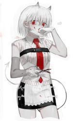 Rule 34 | 1girl, apron, black skirt, blood, blood on clothes, blood on face, blood splatter, bloody weapon, collared shirt, demon tail, frost fog, gloves, highres, horns, mask, mask pull, mouth mask, necktie, original, red eyes, red necktie, scissors, shirt, short hair, signature, simple background, skirt, small horns, stitches, strap, striped clothes, striped shirt, surgical mask, tail, weapon, white background, white gloves, white hair, white mask