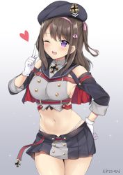 Rule 34 | 1girl, :d, artist name, azur lane, beret, breasts, brown hair, commentary, cowboy shot, cross, gloves, gradient background, grey background, hair ribbon, hand on own hip, hat, heart, highleg, highleg panties, iron cross, kaetzchen, long hair, looking at viewer, medium breasts, navel, one eye closed, one side up, open mouth, panties, purple eyes, ribbon, sailor collar, sideboob, smile, solo, stomach, underwear, white gloves, white panties, z35 (azur lane)