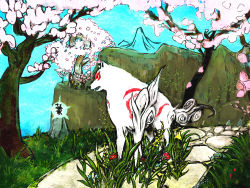 Rule 34 | amaterasu (ookami), cherry blossoms, flower, issun, ma nyan (nyao mao nyao), no humans, ookami (game), tattoo, traditional media, tree, wolf