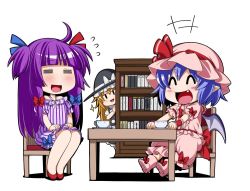 Rule 34 | +++, 3girls, :d, = =, ^ ^, adapted costume, ahoge, alternate hairstyle, bare shoulders, bat wings, blonde hair, blue bow, blue hair, blue ribbon, blush, bookshelf, bow, bowtie, chibi, closed eyes, cup, dress, eichi yuu, fang, flying sweatdrops, full body, hair bow, hair ribbon, hat, hat bow, hat ribbon, kirisame marisa, long hair, mob cap, multiple girls, no headwear, off-shoulder dress, off shoulder, open mouth, patchouli knowledge, peeking out, pink shirt, pink skirt, pointy ears, puffy short sleeves, puffy sleeves, purple hair, red bow, red bowtie, red ribbon, remilia scarlet, ribbon, sash, shirt, short hair, short sleeves, sitting, skirt, skirt set, smile, sparkle, striped clothes, striped dress, table, teacup, touhou, tress ribbon, two side up, vertical-striped clothes, vertical-striped dress, white bow, wings, witch hat