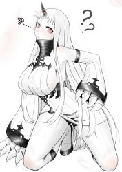 Rule 34 | 1girl, abyssal ship, black footwear, blush, breasts, claws, colored skin, detached sleeves, dress, covered erect nipples, horns, kantai collection, kneeling, large breasts, long hair, long sleeves, looking at viewer, nigane, nose blush, red eyes, ribbed dress, ribbed sweater, seaport princess, short dress, sideboob, single horn, sleeves past wrists, solo, sweatdrop, sweater, sweater dress, very long hair, white dress, white hair, white skin