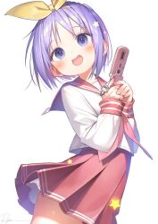 Rule 34 | 1girl, blue eyes, blush, cellphone, cowboy shot, flip phone, hair ornament, hair ribbon, highres, hiiragi tsukasa, holding, holding phone, charm (object), looking at viewer, lucky star, neckerchief, open mouth, phone, pink neckerchief, pleated skirt, purple eyes, purple hair, red sailor collar, red skirt, ribbon, ryota (ry o ta), ryouou school uniform, sailor collar, school uniform, serafuku, shirt, signature, simple background, skirt, solo, star (symbol), star hair ornament, teeth, upper teeth only, white background, white shirt, yellow ribbon