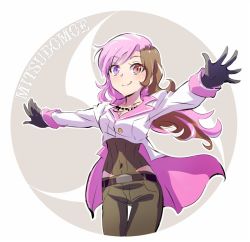 Rule 34 | 1girl, belt, black gloves, black hair, brown eyes, brown pants, covered navel, gloves, heterochromia, iesupa, jewelry, long hair, mitsudomoe (shape), multicolored hair, necklace, neo politan, outstretched arms, pants, pink hair, purple eyes, ribbed shirt, rwby, shirt, smile, solo, split-color hair, standing, tomoe (symbol), two-tone hair