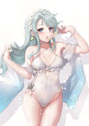 Rule 34 | 1girl, anchor, asymmetrical bangs, casual one-piece swimsuit, choker, cowboy shot, criss-cross halter, earrings, flower, food, frilled one-piece swimsuit, frilled swimsuit, frills, grey hair, hair flower, hair ornament, hairband, halterneck, highres, jewelry, k jie, kantai collection, long hair, looking at viewer, one-piece swimsuit, open mouth, popsicle, purple eyes, sagiri (kancolle), shawl, side-tie swimsuit, solo, swept bangs, swimsuit, white choker, white one-piece swimsuit, white shawl