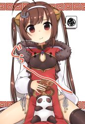Rule 34 | 1girl, ahoge, anchor hair ornament, asymmetrical legwear, azur lane, black thighhighs, blush, breasts, brown hair, china dress, chinese clothes, commentary request, dress, fur-trimmed jacket, fur trim, hair ornament, hairband, hand on own stomach, head tilt, highres, jacket, long hair, long sleeves, looking at viewer, off shoulder, panda, panties, pelvic curtain, ping hai (azur lane), puffy long sleeves, puffy sleeves, red dress, red eyes, shitada, side-tie panties, sidelocks, single thighhigh, sitting, small breasts, solo, spoken squiggle, spread legs, squiggle, thighhighs, twintails, underwear, uneven legwear, very long hair, white background, white hairband, white jacket, white panties
