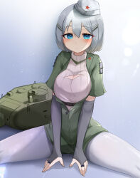 Rule 34 | 1girl, absurdres, blue eyes, blush, breasts, cleavage cutout, clothing cutout, daebom, detached sleeves, garrison cap, gloves, hat, highres, large breasts, looking at viewer, military, military vehicle, motor vehicle, non-web source, open clothes, pantyhose, personification, red star, simple background, sitting, source request, star (symbol), sweater, t-34, t-34-85, tank, thighhighs, war thunder, white hair