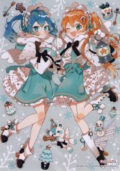 Rule 34 | 2girls, :d, ;d, absurdres, amiami (company), amico, angel wings, apron, aqua apron, aqua bow, aqua dress, aqua ribbon, aura, bauble, black bow, black footwear, blue eyes, blue hair, blush, blush stickers, boots, bow, brooch, cake, christmas, christmas cake, christmas ornaments, christmas tree, christmas tree hat, closed mouth, color coordination, colored eyelashes, conifer, copyright name, copyright notice, crossed bangs, dessert, dress, drill hair, floating hair, food, fork, frilled dress, frilled skirt, frills, full body, gingerbread man, gloves, green eyes, greeting card, hair ornament, hand on own chest, hands up, hat, high five, high heel boots, high heels, highres, holding, holding lantern, hood, hood down, jewelry, knee blush, lantern, leg up, lilco, logo hair ornament, long hair, long sleeves, looking at viewer, maid apron, maid headdress, matching outfits, megaphone, messy hair, mittens, multi-tied hair, multiple girls, no pupils, non-web source, one eye closed, open mouth, orange hair, party hat, platform footwear, ribbon, scan, self-scan, shirt tucked in, short twintails, side-tie dress, skirt, smile, snow print, snowflake print, snowman, spoon, star (symbol), star print, striped clothes, striped headwear, stuffed animal, stuffed toy, teddy bear, thick eyebrows, twin drills, twintails, uekura eku, white dress, white footwear, white gloves, white mittens, white skirt, wings, winter, x hair ornament