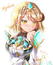 Rule 34 | 1girl, alternate hair length, alternate hairstyle, amahime kaichou, blonde hair, breasts, chest jewel, cleavage, cleavage cutout, clothing cutout, dress, elbow gloves, gloves, highres, large breasts, mythra (xenoblade), short dress, solo, swept bangs, white dress, white gloves, xenoblade chronicles (series), xenoblade chronicles 2, yellow eyes
