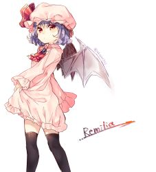 Rule 34 | 1girl, akayan, bad id, bad pixiv id, bat wings, character name, dress, frilled dress, frills, hat, highres, light purple hair, long sleeves, mob cap, red eyes, remilia scarlet, short hair, solo, thighhighs, touhou, twitter username, white background, wings, zettai ryouiki