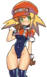 Rule 34 | 1girl, absurdres, adapted costume, blonde hair, blue leotard, blue thighhighs, blush, breasts, brown gloves, cabbie hat, cameltoe, closed mouth, covered navel, cropped jacket, dakusuta, gloves, gluteal fold, green eyes, groin, hair between eyes, hat, highleg, highleg leotard, highres, jacket, leotard, leotard under clothes, long hair, mega man (series), mega man legends (series), raised eyebrow, red hat, red jacket, roll caskett (mega man), sidelocks, simple background, skindentation, small breasts, solo, thigh gap, thighhighs, thighs, white background