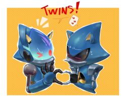 Rule 34 | 2boys, animal ears, armor, blue armor, blue light, border, chaos sonic, closed eyes, deya (tiolimond), dual persona, english text, fake animal ears, glowing, glowing eyes, hand up, heart, heart hands, hedgehog ears, highres, joints, male focus, metal sonic, multiple boys, no humans, no mouth, one eye closed, orange background, pointy nose, polka dot, polka dot background, red eyes, robot, robot joints, sonic (series), sonic prime, speech bubble, sweatdrop, white border