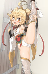 Rule 34 | 1girl, ahoge, andira (granblue fantasy), animal ears, bare shoulders, black sleeves, blonde hair, blush, bow, breasts, brown eyes, cameltoe, collarbone, commentary request, covered erect nipples, detached leggings, detached sleeves, door, erune, fang, fur-trimmed legwear, fur-trimmed sleeves, fur trim, gluteal fold, granblue fantasy, hair between eyes, hand on own leg, highres, leg lift, leg up, leotard, long sleeves, momio, monkey ears, open mouth, petite, revision, ribbon, see-through, sideboob, sleeves past wrists, small breasts, solo, sparkle, split, standing, standing on one leg, standing split, striped, striped bow, thighhighs, two side up, white leotard, white sleeves, white thighhighs, wide sleeves