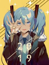 Rule 34 | 1girl, absurdres, aqua eyes, aqua hair, arm up, bad id, bad twitter id, black jacket, chromatic aberration, collared shirt, commentary, fur collar, hair between eyes, hatsune miku, highres, jacket, charm (object), long hair, looking at viewer, nail polish, necktie, ok sign, ok sign over eye, shirt, smile, solo, tattoo, twintails, vocaloid, yellow background, yellow nails, zhibuji loom