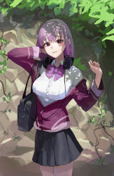 Rule 34 | 1girl, absurdres, bag, black skirt, bow, bowtie, breasts, bush, closed mouth, collared shirt, commentary, cowboy shot, day, english commentary, gridman universe, hands up, headphones, headphones around neck, highres, jacket, large breasts, light smile, long sleeves, looking at viewer, mac star, medium hair, outdoors, partially unzipped, purple bow, purple bowtie, purple eyes, purple hair, purple jacket, rock, school bag, school uniform, shinjou akane, shirt, skirt, solo, ssss.gridman, white shirt