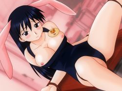 Rule 34 | 1girl, animal ears, azumanga daiou, bdsm, black eyes, blue hair, blush, bondage, bound, breasts, breasts out, cat, chair, classroom, cleavage, clothes pull, count zero, desk, dutch angle, facing viewer, fake animal ears, indoors, long hair, looking at viewer, looking down, medium breasts, nipples, on desk, one-piece swimsuit pull, rabbit ears, rope, sakaki (azumanga daioh), school chair, school desk, school swimsuit, sitting, small areolae, small nipples, solo, spread legs, swimsuit, very long hair