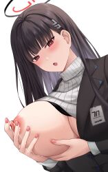 Rule 34 | 1girl, absurdres, black hair, black suit, blue archive, blunt bangs, blush, breasts, chien zero, formal, hair ornament, hairclip, halo, highres, huge breasts, lactation, large breasts, long hair, long sleeves, looking at viewer, nail polish, one breast out, pink nails, red eyes, rio (blue archive), solo, suit, sweater, turtleneck, turtleneck sweater, white sweater