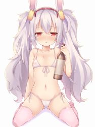 Rule 34 | 1girl, :&lt;, arm at side, azur lane, bikini, blush, bottle, commentary request, flat chest, front-tie bikini top, front-tie top, full body, gluteal fold, grey background, hair between eyes, holding, holding bottle, laffey (azur lane), light purple hair, long hair, looking at viewer, navel, no shoes, nose blush, parted lips, pink eyes, pink thighhighs, red eyes, see-through, side-tie bikini bottom, silver hair, simple background, sitting, solo, string bikini, swimsuit, thighhighs, tiger rmn, triangle mouth, twintails, very long hair, wariza, white bikini
