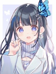 Rule 34 | 1girl, aoi nabi, blue eyes, blue nails, bow, bow earrings, butterfly hair ornament, cleavage cutout, clothing cutout, earrings, grey jacket, grey sweater, hair ornament, hairclip, indie virtual youtuber, jacket, jewelry, looking at viewer, nail polish, necklace, open mouth, sencha (senta 10), smile, solo, sweater, turtleneck, turtleneck sweater, virtual youtuber