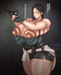 Rule 34 | 1girl, absurdres, aiming, armpit hair, ass, bare shoulders, black gloves, black hair, black skirt, breasts, brown eyes, bursting breasts, capcom, clothes around waist, cowboy shot, feet, female focus, fingerless gloves, gigantic breasts, gloves, gun, handgun, highres, holding, holding gun, holding weapon, huge areolae, huge nipples, indoors, jill valentine, large areolae, miniskirt, nipples, open mouth, pibic hair, pistol, puffy nipples, resident evil, resident evil 3, serious, skirt, solo, stairs, standing, sweater, sweater around waist, text focus, undersized clothes, watch, weapon, ponkotsu (robolobo4956)
