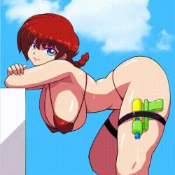 Rule 34 | 1girl, 2021, animated, animated gif, arm support, artist name, ass, bent over, bikini, blue eyes, blue sky, bouncing breasts, braid, breasts, curvy, dated, hanging breasts, huge ass, large breasts, lips, long hair, looking at viewer, moyashi, ranma-chan, ranma 1/2, red bikini, red hair, shiny skin, single braid, sky, smile, solo, swimsuit, thigh strap, thong, thong bikini, water gun, wet