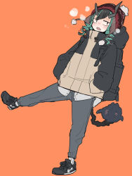 Rule 34 | 1girl, alternate costume, beanie, black coat, black eyes, black footwear, black hair, blue hair, blush, breath, coat, commentary request, demon horns, demon tail, expressionless, fang, full body, grey horns, grey pants, hands in pockets, hat, highres, horns, long hair, looking at viewer, multicolored hair, nanashi inc., open mouth, orange background, pants, pom pom (clothes), red hat, shishio chris, shoes, simple background, solo, tail, tomatojam, two-tone hair, virtual youtuber, walking