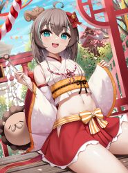 Rule 34 | 1girl, absurdres, ahoge, bare shoulders, blue eyes, blue sky, blush, bow, day, detached sleeves, ebi frion (natsuiro matsuri), gohei, groin, hair between eyes, hair bow, highres, holding, holding stick, hololive, looking at viewer, matsurisu, medium hair, midriff, multicolored hair, natsuiro matsuri, natsuiro matsuri (new year), navel, nontraditional miko, open mouth, outdoors, red bow, red skirt, roina (effj7473), shirt, skirt, sky, solo, stick, streaked hair, thighs, virtual youtuber, white shirt, white sleeves, wide sleeves