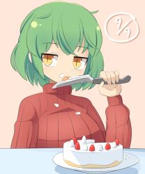 Rule 34 | 1girl, blush, breasts, cake, closed mouth, commentary request, dated, expressionless, food, fruit, highres, hikage (senran kagura), holding, holding knife, knife, large breasts, lets0020, licking, licking blade, licking weapon, long sleeves, looking at viewer, medium bangs, pink background, red sweater, senran kagura, short hair, simple background, slit pupils, solo, strawberry, sweater, tongue, tongue out, upper body, weapon, yellow eyes