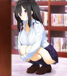 Rule 34 | 1girl, :&lt;, black hair, black socks, blush, book, bookshelf, breasts, carpet, cleavage, collarbone, collared shirt, hands on own leg, kaisen chuui, large breasts, legs together, library, loafers, long hair, long sleeves, looking to the side, necktie, original, purple eyes, shirt, shirt tucked in, shoes, skirt, socks, solo, squatting, undone necktie, white shirt