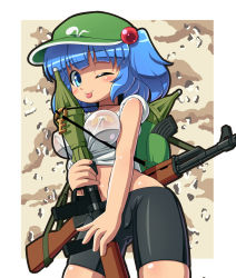 Rule 34 | 1girl, :p, alternate costume, assault rifle, bandaid, bandaids on nipples, between breasts, bike shorts, blue eyes, blue hair, blush, breasts, camouflage, female focus, gun, hair bobbles, hair ornament, hat, kawashiro nitori, key, magazine (weapon), matching hair/eyes, midriff, navel, one eye closed, pasties, rifle, rocket launcher, rpg (weapon), ruku rx, see-through, short hair, short twintails, solo, tongue, tongue out, touhou, twintails, two side up, weapon, wink