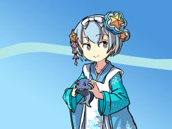 Rule 34 | 1girl, 1other, alternate costume, apron, blue background, blue hair, blue kimono, commentary, cowboy shot, double bun, english commentary, hair ornament, japanese clothes, kantai collection, kimono, little blue whale (kancolle), one-hour drawing challenge, print kimono, samuel b. roberts (kancolle), short hair, sixten, star (symbol), star hair ornament, whale, white apron, yellow eyes