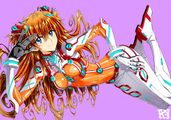 Rule 34 | 1girl, alternate color, blue eyes, bodysuit, breasts, evangelion: 2.0 you can (not) advance, evangelion: 3.0+1.0 thrice upon a time, floating hair, full body, hair between eyes, hands on own thighs, interface headset, long hair, looking at viewer, neon genesis evangelion, orange hair, plugsuit, purple background, rebuild of evangelion, see-through, simple background, skin tight, small breasts, smile, solo, souryuu asuka langley, standing, test plugsuit, twintails, two side up, very long hair, white bodysuit, yamayoshi