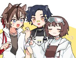 Rule 34 | 1girl, 2boys, :3, animal ears, apron, arknights, bandaid, bandaid on face, bandaid on nose, black shirt, blue eyes, blue hair, blue nails, brown apron, brown hair, cat boy, cat ears, chibi, closed eyes, closed mouth, commentary, dog boy, dog ears, hair ribbon, holding, holding brush, id card, jacket, maguro kan, makeup brush, multicolored hair, multiple boys, nail polish, open clothes, open jacket, open mouth, otter ears, otter girl, parted bangs, red nails, red ribbon, ribbon, roberta (arknights), shirt, short hair, stainless (arknights), streaked hair, two-tone background, upper body, white background, white jacket, white shirt, windflit (arknights), yellow background, yellow eyes