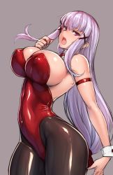 Rule 34 | 1girl, armlet, bow, bowtie, breasts, covered erect nipples, covered navel, cowboy shot, curvy, detached collar, enjou sakuya, grey background, hair ornament, hair ribbon, highres, huge breasts, leotard, light purple hair, long hair, looking at viewer, low-tied long hair, open mouth, original, pantyhose, playboy bunny, purple eyes, ribbon, rindou (radical dream), shiny clothes, sidelocks, simple background, skin tight, solo, strapless, sweatdrop, thighs, tress ribbon, wrist cuffs, x hair ornament