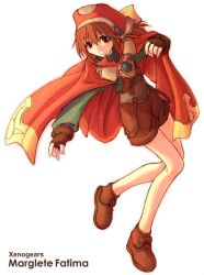 Rule 34 | 1girl, brown gloves, brown hair, cape, character name, copyright name, fingerless gloves, gloves, hat, kotonemaru, long sleeves, marguerite fatima, open mouth, orange hat, simple background, solo, white background, xenogears