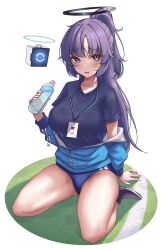Rule 34 | 1girl, black shirt, blue archive, blue eyes, blush, bottle, breasts, buruma, collarbone, commentary request, gym shirt, gym uniform, halo, highres, holding, holding bottle, id card, jungtong, lanyard, long hair, looking at viewer, medium breasts, official alternate costume, plastic bottle, purple hair, shirt, simple background, sitting, solo, star sticker, sticker on face, sweat, thighs, water bottle, white background, yuuka (blue archive), yuuka (track) (blue archive)