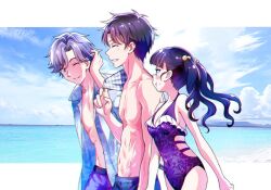 Rule 34 | 1girl, 2boys, :t, adjusting hair, bare arms, beach, black hair, blue hair, blue male swimwear, blue shirt, blush, breasts, brother and sister, brothers, casual one-piece swimsuit, cleavage, closed eyes, collarbone, covered navel, delicious party precure, floating hair, from side, gradient hair, grey hair, grin, hawaiian shirt, kasai amane, kasai mitsuki, kasai yuan, kyoutsuugengo, long hair, male swimwear, medium breasts, mole, mole under eye, multicolored hair, multiple boys, ocean, one-piece swimsuit, one eye closed, open clothes, open shirt, outdoors, precure, profile, purple male swimwear, purple one-piece swimsuit, shirt, short hair, siblings, smile, summer, swimsuit, walking