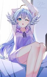 1girl ;o aqua_eyes arm_up arms_up bare_legs blue_eyes blue_hair breasts feet_out_of_frame gradient_eyes green_eyes head_wings highres honkai:_star_rail honkai_(series) light_blue_hair long_hair multicolored_eyes nightgown om_rm1101 on_bed one_eye_closed open_mouth purple_nightgown robin_(honkai:_star_rail) signature sitting solo stretching twitter_username very_long_hair waking_up wings yawning