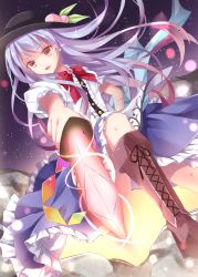 Rule 34 | 1girl, bad id, bad pixiv id, blouse, blue hair, cross-laced footwear, erika (ym0311), highres, hinanawi tenshi, long hair, puffy short sleeves, puffy sleeves, rainbow gradient, red eyes, revision, shirt, short sleeves, solo, sword of hisou, touhou, white shirt
