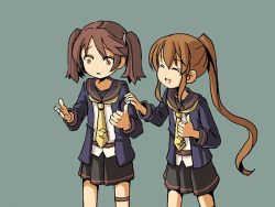 Rule 34 | 2girls, brown eyes, brown hair, commentary, cosplay, crescent, crescent pin, english commentary, closed eyes, frown, fumizuki (kancolle), fumizuki (kancolle) (cosplay), fumizuki kai ni (kancolle), hair tie, hand on another&#039;s arm, kantai collection, legband, multiple girls, open mouth, pleated skirt, ponytail, ryuujou (kancolle), school uniform, serafuku, sidelocks, sixten, skirt, smile, thigh strap, thumbs up, twintails