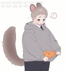 Rule 34 | !, 1boy, animal ears, baggy clothes, blush, brown eyes, carrying, commentary request, denim, dress shirt, fat, fat man, fluffy, food, fruit, hood, hoodie, jeans, korean commentary, layered clothes, looking down, male focus, mongz, necktie, orange (fruit), pants, shirt, tail, thick eyebrows, watermark, white background