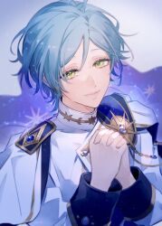 Rule 34 | 1boy, blue cape, blue hair, cape, closed mouth, ensemble stars!, eyelashes, green eyes, highres, jacket, looking at viewer, male focus, multicolored background, official alternate costume, own hands clasped, own hands together, shikuyoro01, shinkai kanata, short hair, smile, solo, starry sky print, white cape, white jacket